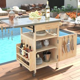 40.5" Outdoor Grill Cart with Stainless Steel Top, Solid Wood Outdoor Storage Cabinet with Drop Leaf, One Drawer, Towel Rack (Color: Natural)
