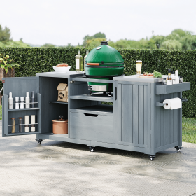 66.5" Outdoor Kitchen Island for Big Green Egg Grills, Solid Wood Outdoor Grill Cart for Tabletop Grill with Stainless Steel Top, Drawer (Color: Grey+Blue, material: Wood + Stainless Steel)